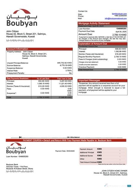 Download Kuwait Boubyan Bank mortgage statement Word and PDF template Photoshop template
